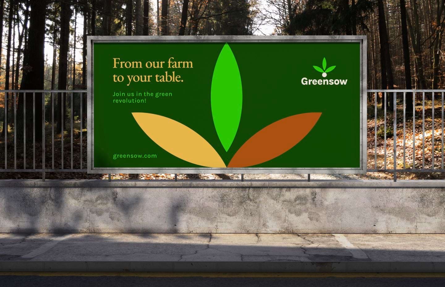Greensow Roadside Banner - Showcasing Brand Colors, Logo, Pattern, and Message: 'From Our Farm to Your Table' and 'Join Us in the Green Revolution'